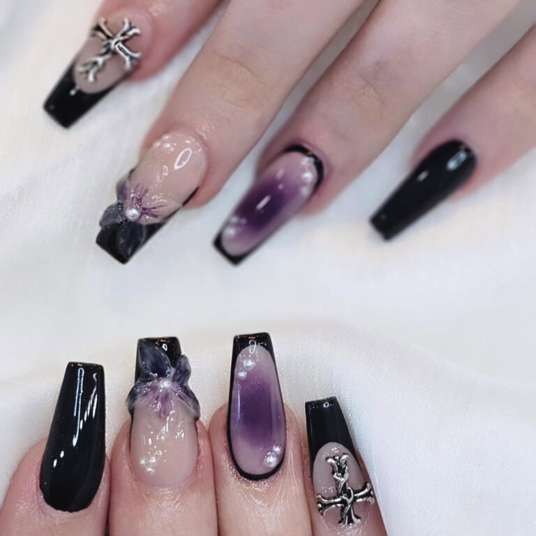 Purple ombre coffin nails with 3D flower nail art at EM Nails & Beauty Bar Edmonton