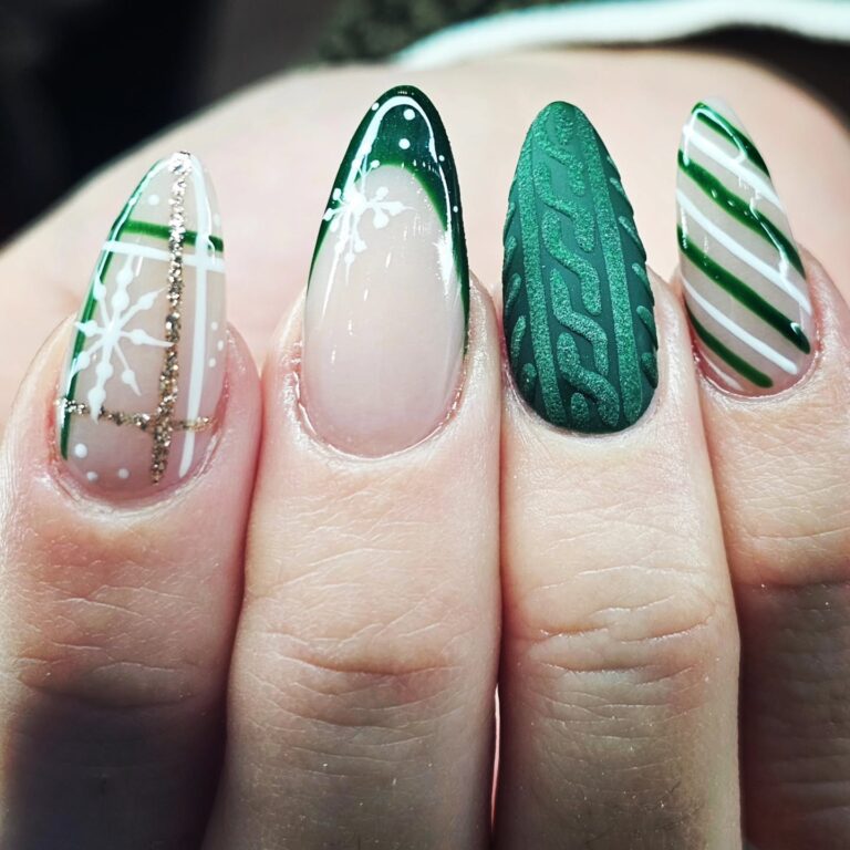 Green winter snowflake nail art design at EM Nails & Beauty Bar Edmonton